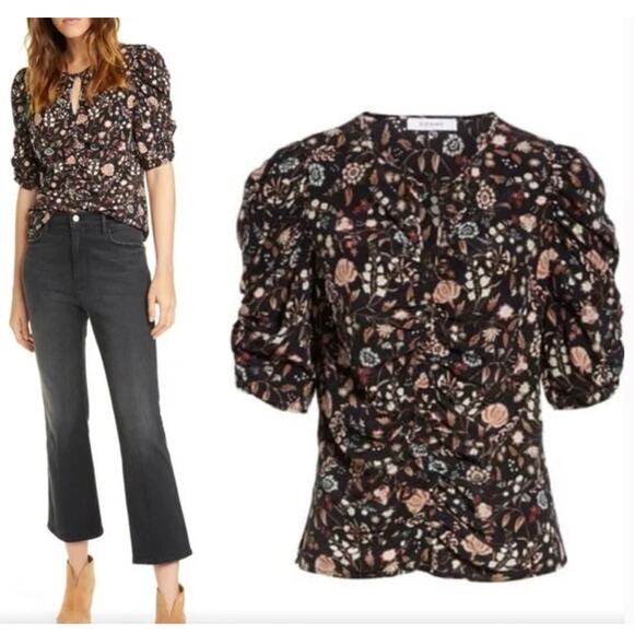 FRAME Kate Ruched Floral Silk Top in Noir - Picture 1 of 9